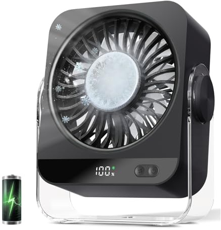 Ventilator Akku mit Eiskühlung, 4000mAh Tischventilator Akku, USB C Aufladbar Ventilator Klein, Tragbarer Mini Kleiner Ventilator mit Batterie, 5 Geschwindigkeiten für Camping, Büro, Reise - Schwarz