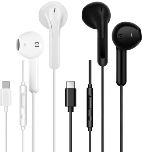 ECQUANQIU 2 Pack USB C Headphones Wired In Ear Earbuds USB C Earphones | Type C, Mic & Volume Control,For iPhone 17/16/15, iPad, Samsung Galaxy S25/S24/S23/S22/S21, Pixel 7/6, Huawei Google