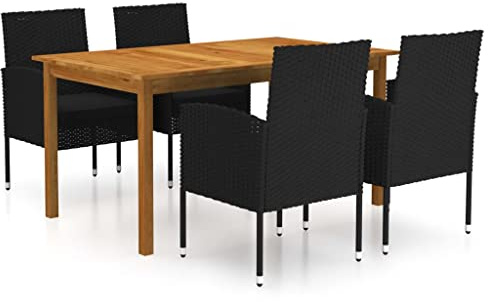 Foknhdi 5-TLG. Schwarzes Gartenmöbel-Set Akazienholz 150x90 Tisch mit 4 PE-Rattan Stühlen inkl. Polster Robust & Modernes Design für Balkon Terrasse und Garten