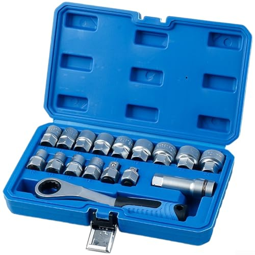 Juego de llaves de vaso de 12 puntos, kit de trinquete de paso con eje largo, llaves huecas de acero al cromo vanadio, llave métrica bidireccional para un alcance profundo, 17 piezas