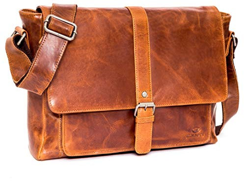 ALMADIH Genuine Leather Briefcase *JORDAN* brown vintage Handmade Messenger Satchel Business Work Bag Uni College School teacher Shoulder Tote Bag Cross-Body Laptop Courier Bag backpack