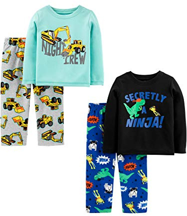 Simple Joys by Carter's Pijama de 4 Piezas (Parte Superior de Algodón y Parte Inferior de Felpa) Niño Pequeño, Azul Agua Camiones/Azul Cobalto/Gris Construcción/Negro Dinosuar, 2 años