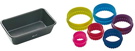 masterclass Non-Stick 2 lb Loaf Tin, 23 x 13 cm (9 x 5) & Colourworks Plastic Plain and Fluted Round Cookie Cutters, Multi-Colour, Set of Six