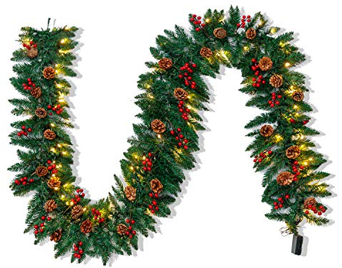 Joiedomi 2.7M/ 9FT Christmas Garland Artificial Prelit with 100 LED Lights, 27 Pine Cones, 27 Red Berries，Light Up Christmas Decorations Wreath for Stair Front Door Garden Yard Xmas Tree Decor