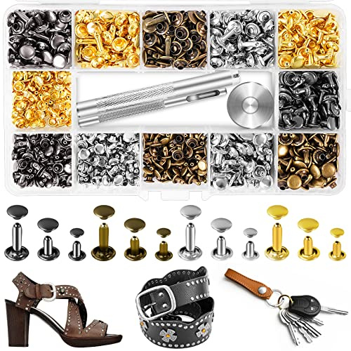 420 Sets Ledernieten, Nieten für Lederhandwerk, 4 Farben und 3 Größen, Leder-Nieten-Set mit 3 Lederwerkzeugen, Nieten für Stoff, Remaches para Cuero, Doppelkappen-Messing-Nieten für Dekoration | Leder-Nieten-Set für Geldbörsen, Hüte, Schuhe und Taschen, Nieten für Lederhandwerk, Reparaturen und handgefertigtes Zubehör