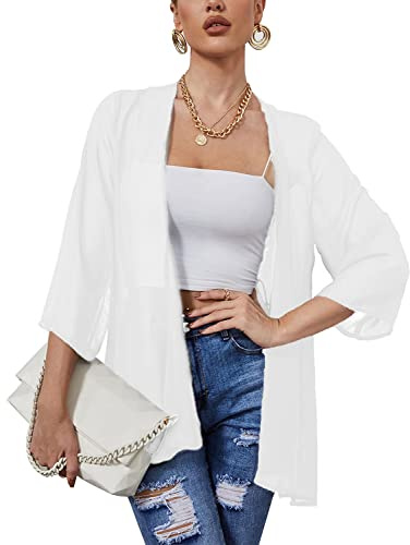 Heynino Damen durchsichtig Chiffon Casual Kimono Cover up Top Leichte Strandjacke Bluse Schal Weiß L