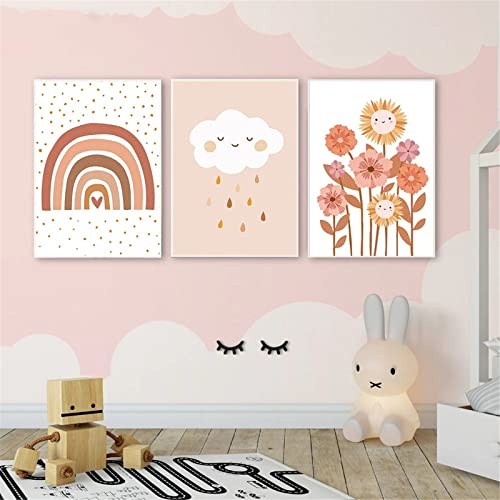 EXQULEG 3er Set Poster Kinderzimmer Regenbogen Wolken Blumen Bilder Ohne Rahmen,Bilder Babyzimmer DIN A4 Boho Deko Junge Mädchen (A)