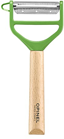 Opinel Schäler T-Duo aus Holz in der Farbe Grün, zum Schälen von Gemüse und Zubereiten von Juliennes, 254620