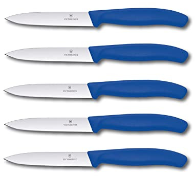 Victorinox 5-tlg Gemüsemesser Set Swiss Classic Blau – 10 cm ohne Wellenschliff – Tomatenmesser