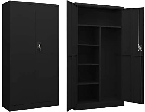 Vertikaler Spind Aktenschrank Stahlschrank mit 2 Türen & 4 Einlegeböden, Industriell Büroschrank Metallschrank Lagerschrank Universalschrank für Mitarbeiter, Zuhause, Büro, Schwarz 90x40x180 cm