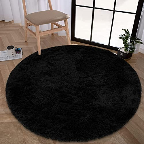 Enyhom Rund lurvig matta, mjuk och fluffig plyschmatta med hög lugg, silkeslen sovrumsmatta, tvättbar, för vardagsrum och studentrum, fin heminredning, 120 cm, svart
