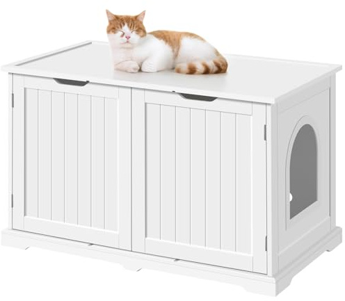 Yaheetech Meuble Litiere pour Chat Maison de Toilette Chat en Bois 95 × 53,5 × 57,5 cm 1 Panneau Amovible 9 Trous d'Aération Grand Espace en Haut Couleur Blanc