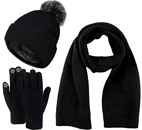 Damen Bommelmütze, Schals, Handschuhe, Set, Thermo, Winter, warm, Strickmütze, Halswärmer und Touchscreen-Handschuhe, Unisex