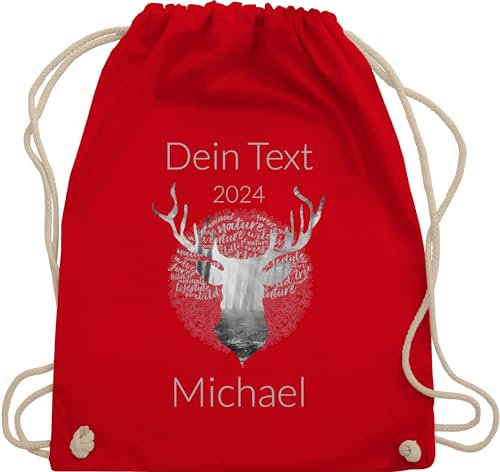 Turnbeutel Rucksack - Kompatibel Oktoberfest - Tag Cloud - Hirsch und Name in Silbergrau - Unisize - Rot - oktoberfest-tasche trachten beutel trachtenrucksack bayrisch beutelrucksäcke
