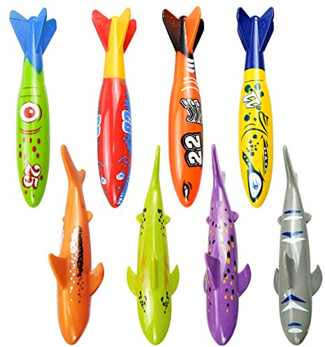 AMJKEJI 8 giocattoli da piscina squalo giocattoli subacquei lancio razzo bastoncini colorati per bambini nuoto regali di compleanno nuoto nuoto allenamento immersioni acqua divertente giochi in
