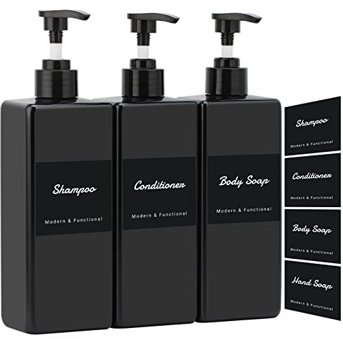 Segus Shampoo Flaschen zum Befüllen, 3 Stück 500ml Seifenspender mit Pumpenkopf, Separater Wasserdichter Aufkleber, zum Mehrfachen Befüllen von Shampoo, Conditioner, Händedesinfektionsmittel, Schwarz