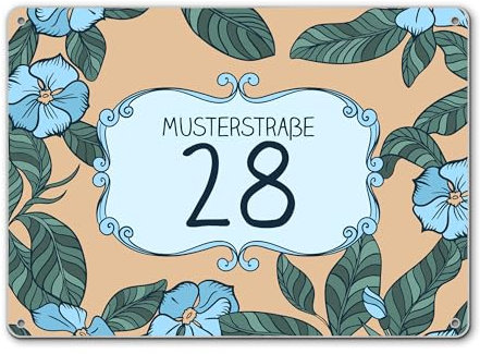 banjado® Hausnummernschild personalisierbar Motiv WT Blaue Veilchen - Hausschild personalisiert Draußen mit Straßennamen möglich - Hausnummernschild Edelstahl versch. Motive - inkl. Montagematerial