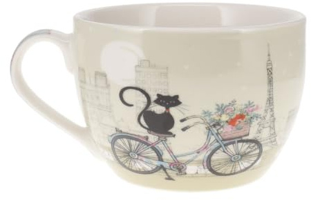 KIUB Bol chat avec une anse - Motif chat sur un vélo avec aussi la Tour Eiffel de Paris - matière porcelaine fine - contenance 500ML