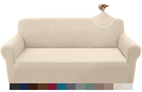 Granbest 2023 Neueste Jacquard Sofabezug 3 Sitzer Superweicher Rutschfester Stretch Couchbezug Vier Jahreszeiten Universal Elastische Sofahusse für Hunde, Katzen, Haustiere (3 Sitzer, Beige)