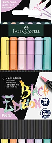 Faber-Castell 116453 Black Edition Tuschpenna Set Om 6 Pastellfärger, Filtspetspennor För Vuxna, Tuschpennor För Målning Och Skrivning, Tvättbar Färg