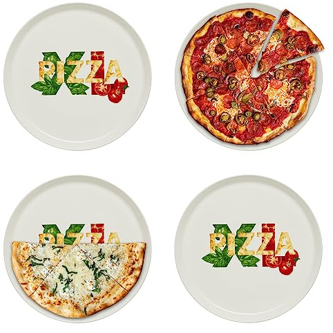 KHG 4er-Set Pizzateller, extra groß mit 33 cm Durchmesser in XL1 Print | perfekt für Gastro und Zuhause, hochwertiges Porzellan, spülmaschinengeeignet & perfekt Stapelbar, vielseitig einsetzbar