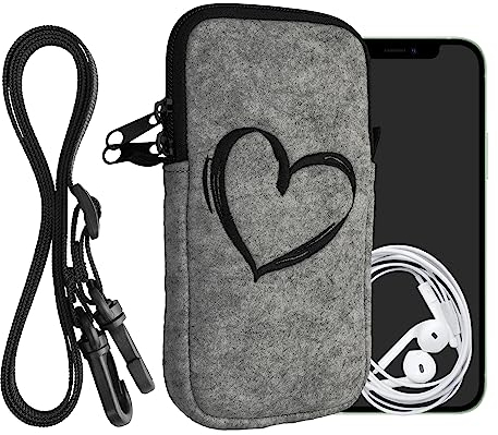kwmobile Handytasche für Smartphones XL - 6,7/6,8 - Filz Handy Hülle Schwarz Hellgrau - Handy Tasche mit Kette 17,2 x 8,4 cm Innenmaße - Herz Brush