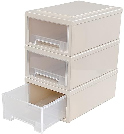 Oymlclivisa 6.8 L Plastic Stacking Storage Drawer Unit, 3 Packs, Beige | Small Drawer Organiser, Plastic Desktop Stationery Drawers