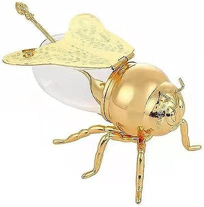 LipSki Luxueux pot à miel en forme d'abeille avec cuillère et couvercle, grand pot à miel décoratif en verre transparent (doré)