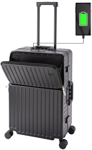 Travelhouse Roma Reisekoffer mit USB & Getränkehalter, Hartschale, Alu-Rahmen, Extrafach, 2xTSA, 65x40x25 cm, schwarz