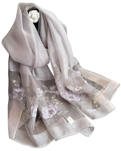 LumiSyne Seidenschal Chiffon Schal Damen Heikel Rosen Stickerei Transparenter Tüll Leichte Weich Lange Halstücher Sonnenschutz Stola Durchsichtiger Schal Frühling Herbst