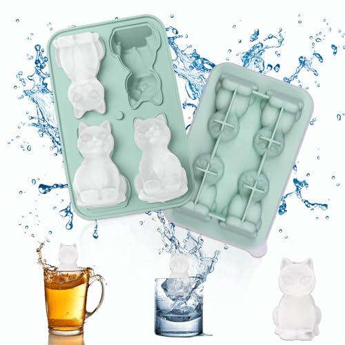 Zamety Iskubsform i silikon, 4-fack silikonform, katt, isbitsform med lock, återanvändbar isbitsform för cocktail, whisky, frukt, vin, kaffe, grön