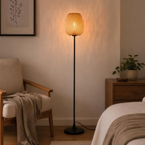 Alpinaluz Golvlampa med bambukorgskärm, E27 sockel, rustik nordisk modern design för vardagsrum, sovrum, läsning