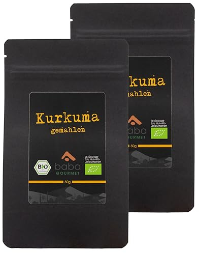 baba GOURMET - 2er Pack Original Bio Kurkuma Pulver 50 g - 100% naturrein gemahlen aus Curcuma - Reines Kurkumapulver in Premiumqualität - Gelbwurz Gewürz natürlich ohne Zusatzstoffe und Aromen