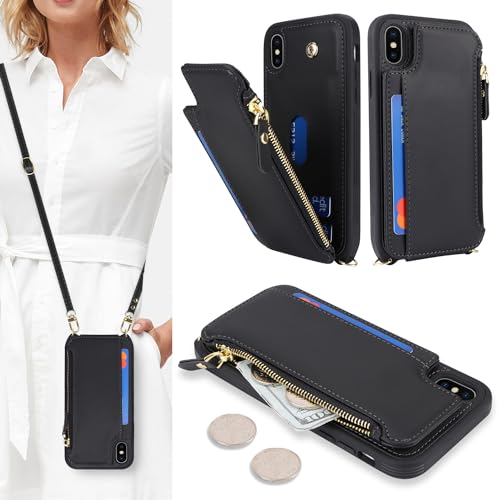 SailorTech Handyhülle für iPhone X Etui mit Kartenfach, iPhone XS Hülle mit Verstellbarer Halskette, iPhone X/XS Handytasche mit Reißverschluss Geldbörse - Schwarz