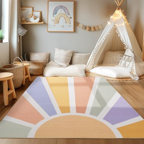 HomebyHome Kinderteppich Mehrfarbig 120x170 cm Sonne Design Modern rutschfest Waschbar Pflegeleicht Extra Weich Antiallergen Babyteppich Kinderzimmer Jungen Mädchen