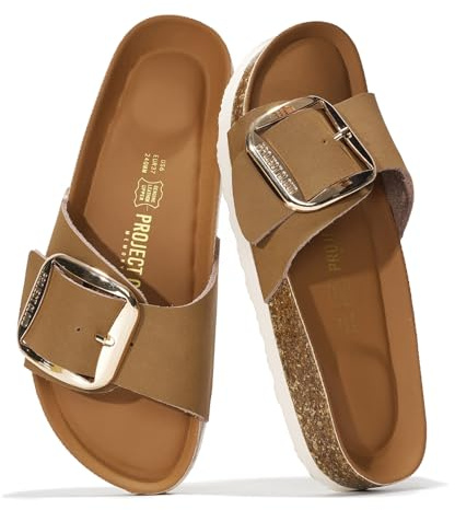 Project Cloud 100% Genuine Leather Sandals Women Dressy Beach Essentials Slides for Women Footwear-Lightweight with Memory Foam Insole Sandals for Women 2026-Womens Slides (Mykonos, Cognac, 8.5)