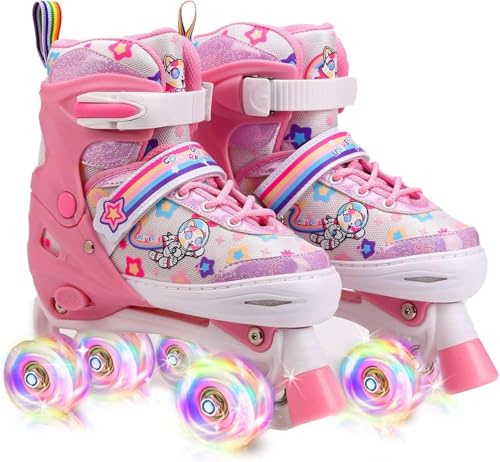 Roller Enfant Fille Patin a Roulette Fille Rollers Quad avec 8 Roues Lumineuses,4 Taille Réglable Patins à roulettes Confortables pour Les Filles et Les garçons et débutants