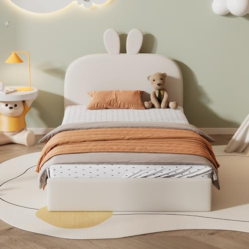 Soweiz Einzelbett, Polsterbett mit Hasenkopfteil, Kinderbett mit Holzlatten, bodenstehendes Sicherheitsbett für Jungen und Mädchen, Samt, Beige, 90x200 cm