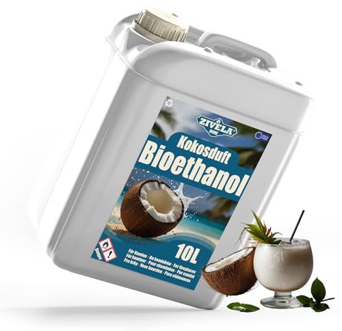 Bioetanolo 96,6% 10 l, profumo di cocco all'alcool biologico 96,6% 10 l, bioetanolo per camino, caminetto, camino a bioetanolo, profumo di cocco, combustione pulita, senza fumo, fiamma vivida