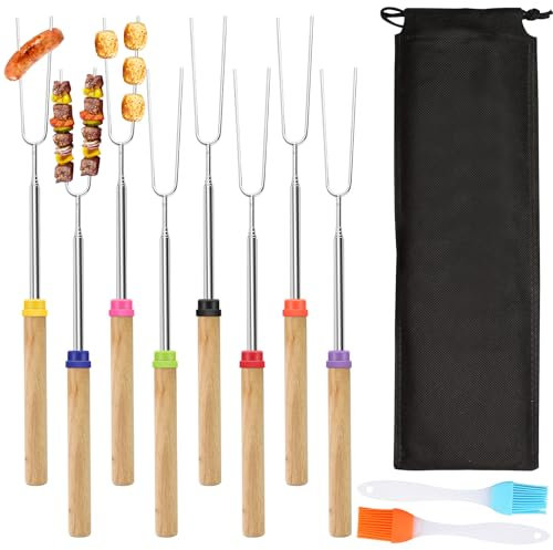 8 Pack Marshmallow Toasting Forks Kit Barbecue Forks Smores Kit with Silicone Grill Brushes,Extendable Stainless Steel Fork with Birch Handle U Shape Fork for Barbecue Camping Picnic(31-81cm)