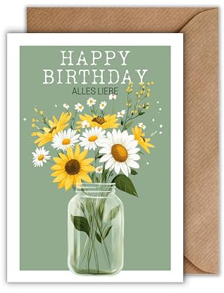 WBdesignz Geburtstag Karte mit Umschlag - Geburtstagskarte “HAPPY BIRTHDAY Alles Liebe” Blumenglas Blumenstrauß Sommerblumen Glückwunschkarte Geschenkkarte zum Geburtstag Geburtstagsgruß (DIN A6)