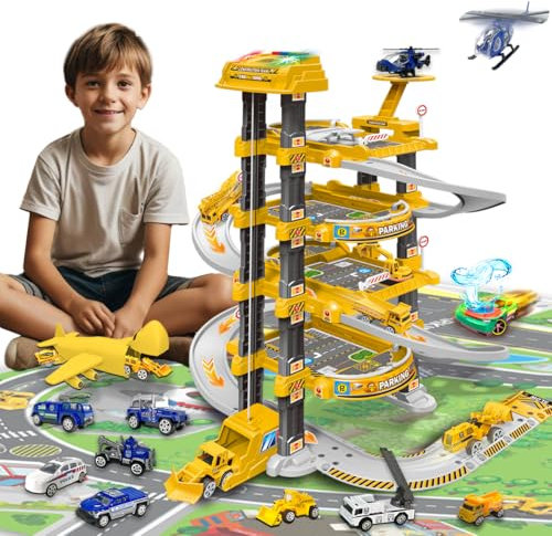 Xwin Sportseries 87 Pcs Kids Parking Garage Playset with Multi-Level Garage with Electric Lift, Color-Changing Car, Die-Cast Vehicles & Road Mat for Ages 3+