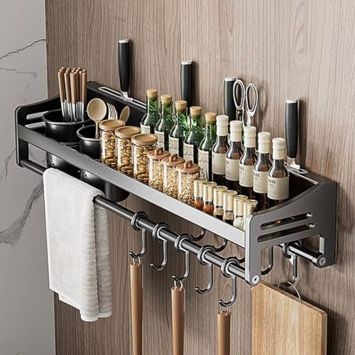 Tielag Gewürzregal Wand, Küchenregal Hängend Ohne Bohren, Wandregal Küche, 60×13.4×12CM Gewürz Organizer Metall, Gewürzhalter mit Haken und 2 Utensilienhalter, Handtuchhalter, Messerhalter, Grau