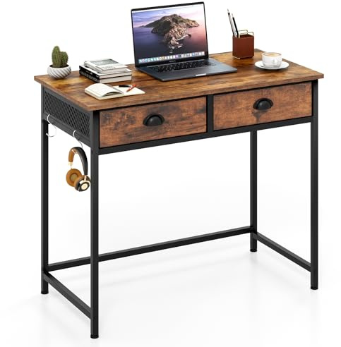 COSTWAY Computer Desk with 2 Drawers & 4 Hooks, 90 x 45 x 75cm (Brown) | 90cm Wooden PC Laptop Table for Small Spaces, Writing Workstation for Simple Home Office Working Gaming Study
