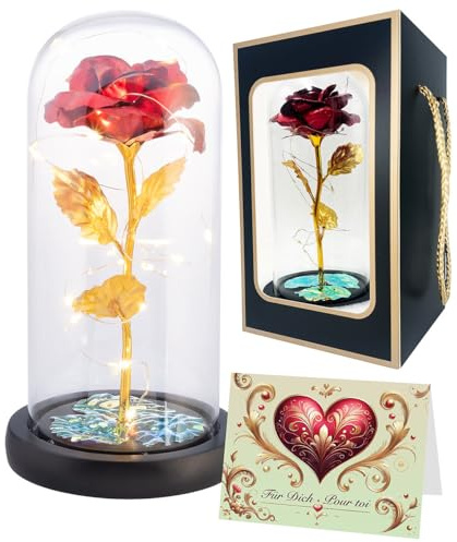 Lunartec Goldene Rose: Ewige rote Rose unter Glas mit LED-Licht, 21,5 cm, in Geschenktasche (Kunstblume, schöne-Blumen, Gold)