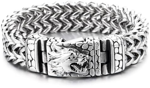 COOLSTEELANDBEYOND Homme Acier Loup Tête Bracelet, Grande Lien Franco Chaîne Gourmette, Texturées écaille Fermoir, Gothique Viking