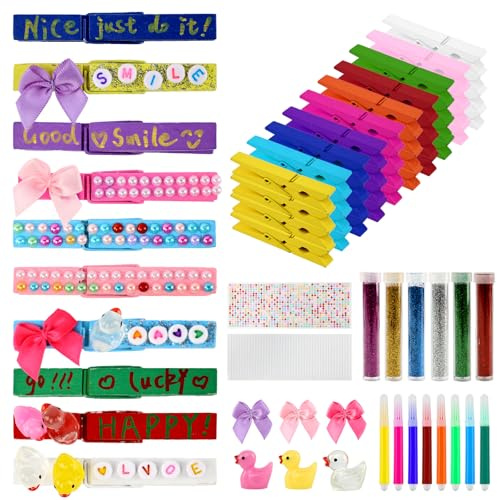 testyu 60 pezzi Mollette da Bucato, Mollette di Legno Colorate Include Mini Anatre in Resina, Mini Fiocchi, Lettere e Cuori per Zaini da Cheerleader, Regali per la Squadra e per L'aula For DIY