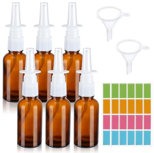 RISF 6 botellas vacías de aerosol nasal de 30 ml, botella de spray nasal de cristal marrón, reutilizables, pulverizador nasal con embudo, etiquetas para perfume, aceites esenciales, solución salina