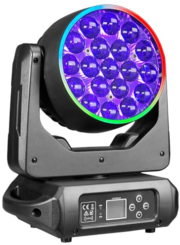 Projecteur de scène professionnel à tête mobile, 19 LED RGBW 15 W, 17/25 canaux avec zoom, contrôle DMX 512, fonctionnement automatique, activation sonore, effet Wash & Beam pour fête (1 pack)