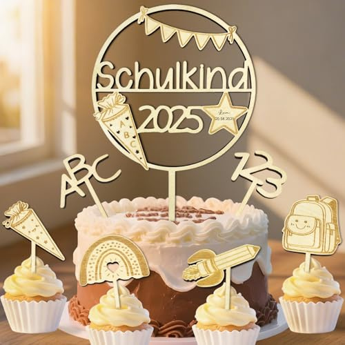 Tortendeko Einschulung Holz, 7 Stk Schulkind 2025 Tortendeko Kuchendeko Schulanfang, ABC 123 Cake Topper Einschulung Deko für Jungen & Mädchen